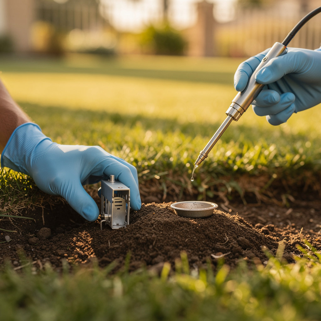 THRASHER PEST CONTROL technician providing eco-friendly mosquito and gopher control services in a San Diego yard